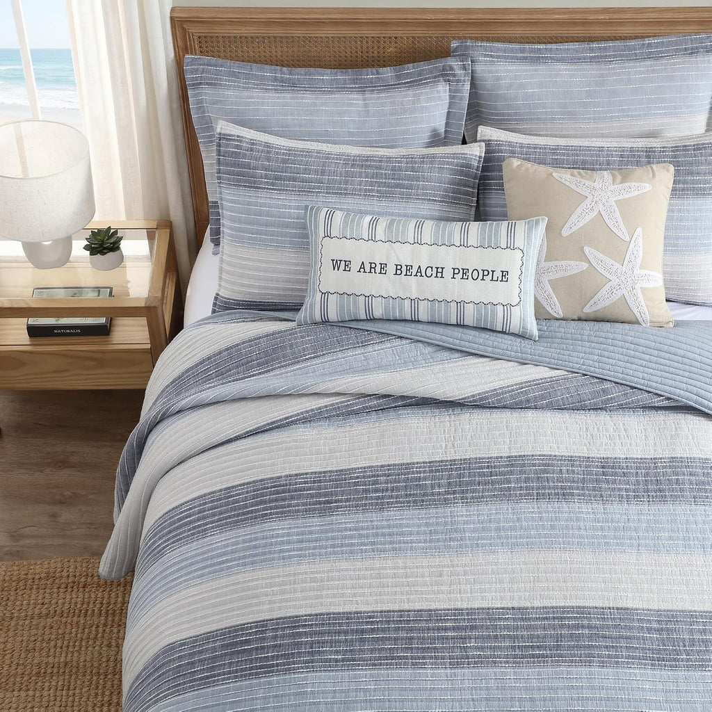 Levtex Home Sand Stripes Blue Full/Queen Quilt - 88x92in - Textured Stripe - Blue and White - Reversible - Cotton | Textured