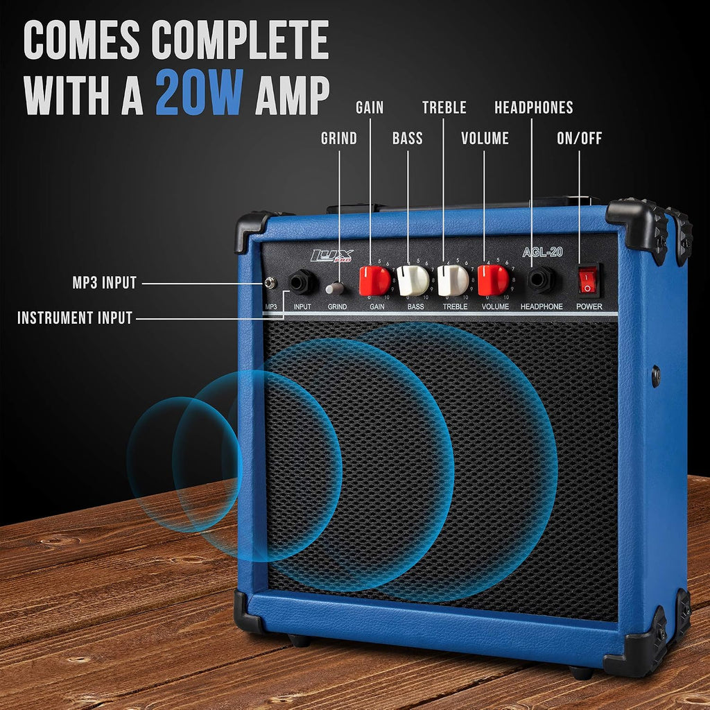 LyxPro 30 Inch Electric Guitar and Starter Kit for Kids with 3/4 Size Beginner's Guitar, Amp, Six Strings, Two Picks, Shoulder Strap, Digital Clip On Tuner, Guitar Cable and Soft Case Gig Bag - Blue