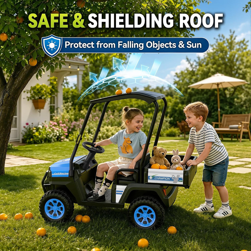 24V Kids Golf Cart w/Detachable Awning–4WD 2 Seater Ride on Car w/Large Storage Trunk, Remote Control, 3 Speeds, Music Player, LED Lights, Ride On Toys, Gift for Kids Ages 3-8((Blue)