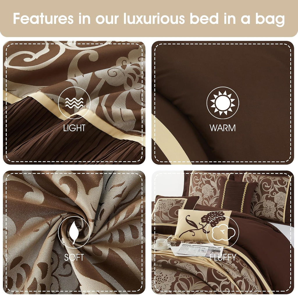 Grand Avenue Brown Gold Comforter Set King Size, 7 Piece Jacquard Floral Bedding Set, All Season, Ultra-Soft, Matching Pillows & Shams, Bed Skirt