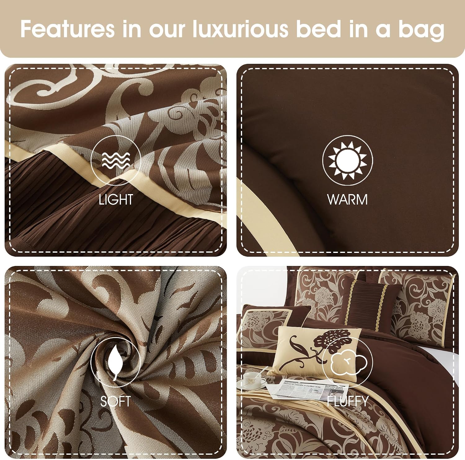 Grand Avenue Brown Gold Comforter Set King Size, 7 Piece Jacquard Floral Bedding Set, All Season, Ultra-Soft, Matching Pillows & Shams, Bed Skirt