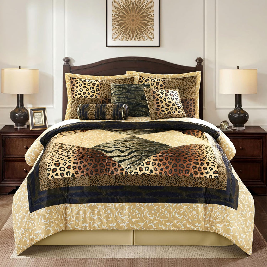 Grand Avenue Leopard Print 7 Pieces Queen Comforter Set, Bed in a Bag, Brown Matching Pillows & Shams, Bed Skirt, Premium Quality, Ultra-Soft