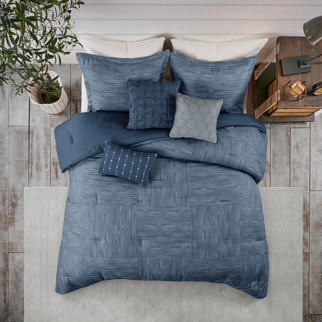 Madison Park Walter Comforter - Luxe Seersucker Print Design, All Season Down Alternative Bedding, Matching Shams, Bedskirt, Decorative Pillows, Navy Cal King(104'x92') 7 Piece