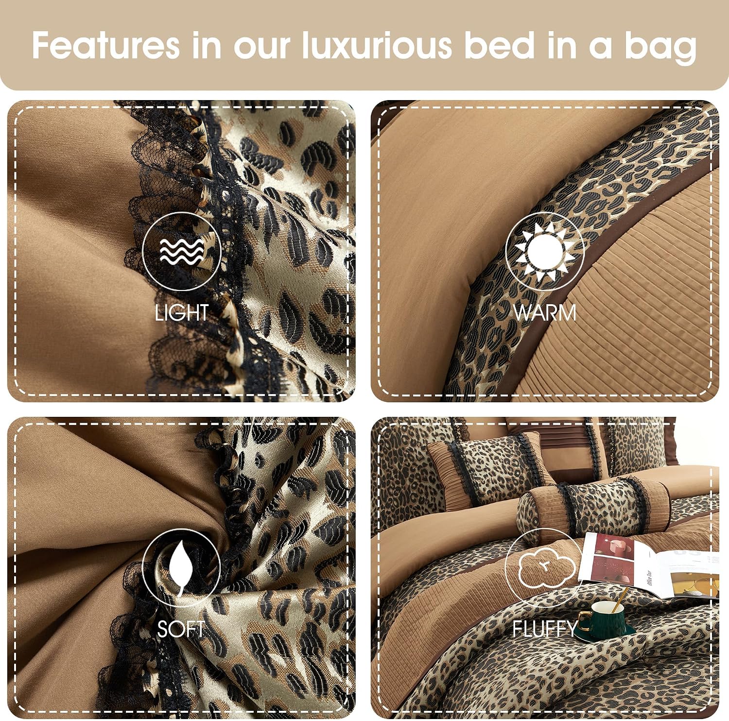 Grand Avenue Brown/Taupe Leopard Full Size Comforter Set, 7 Piece, Bedding Comforters & Sets, Pillow Shams Bedskirt, Home Decor