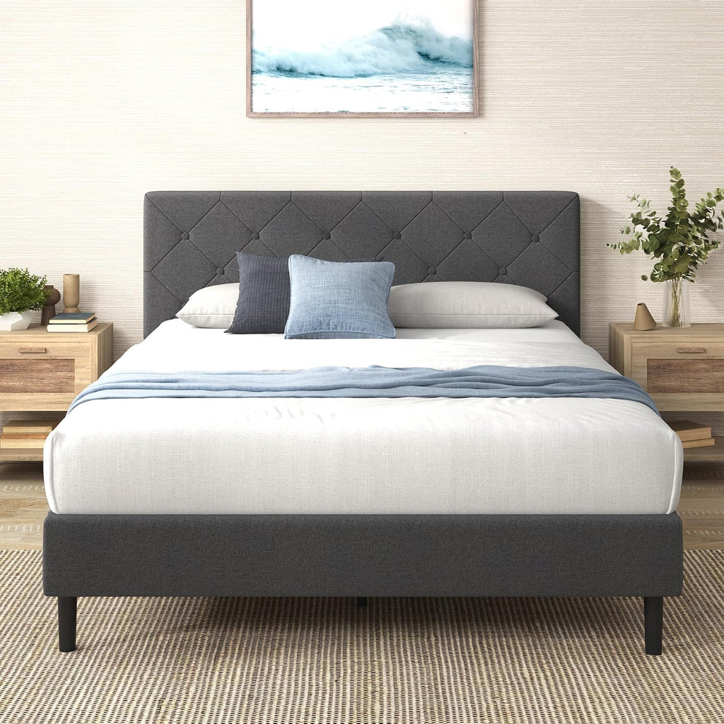 Zinus Full Shalini Upholstered Platform Bed Frame with Headboard [New WonderBox(TM) Version], Wooden Slat Support, No Box Spring Needed, Easy Assembly, Eco Friendly Packaging, Dark Grey
