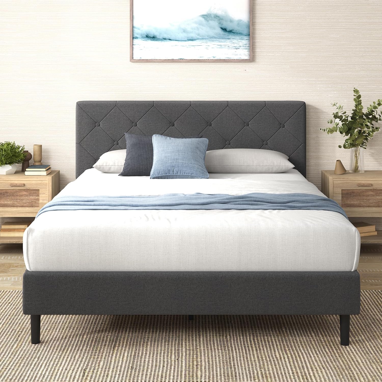 Zinus Full Shalini Upholstered Platform Bed Frame with Headboard [New WonderBox(TM) Version], Wooden Slat Support, No Box Spring Needed, Easy Assembly, Eco Friendly Packaging, Dark Grey