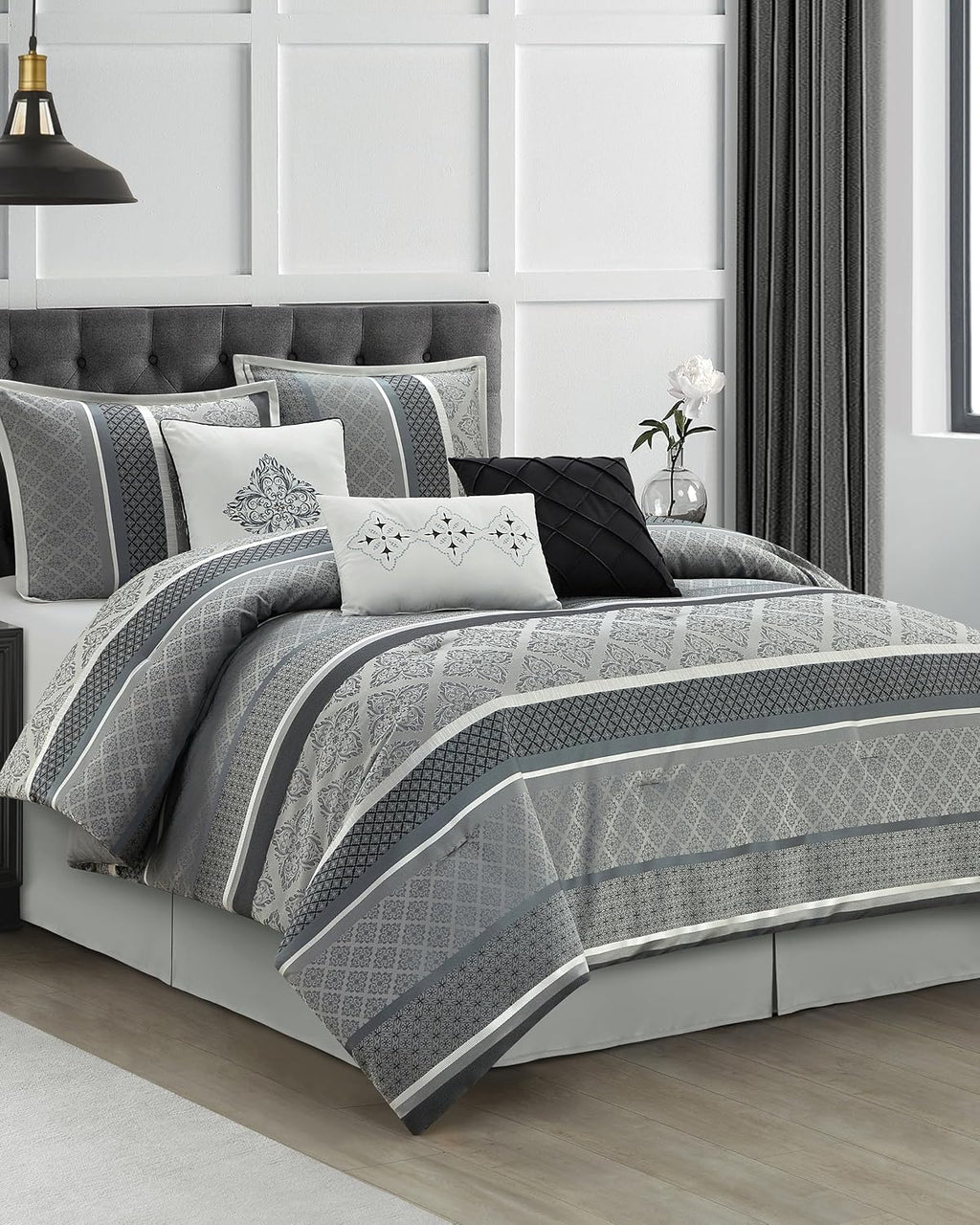 LANCO MODERN LIFESTYLE California King Comforter Set, Black Grey, Luxury Geometric Jacquard, All Seasons, 7 Pieces Bedding Set, Matching Shams, Bedskirt, Decorative Pillows