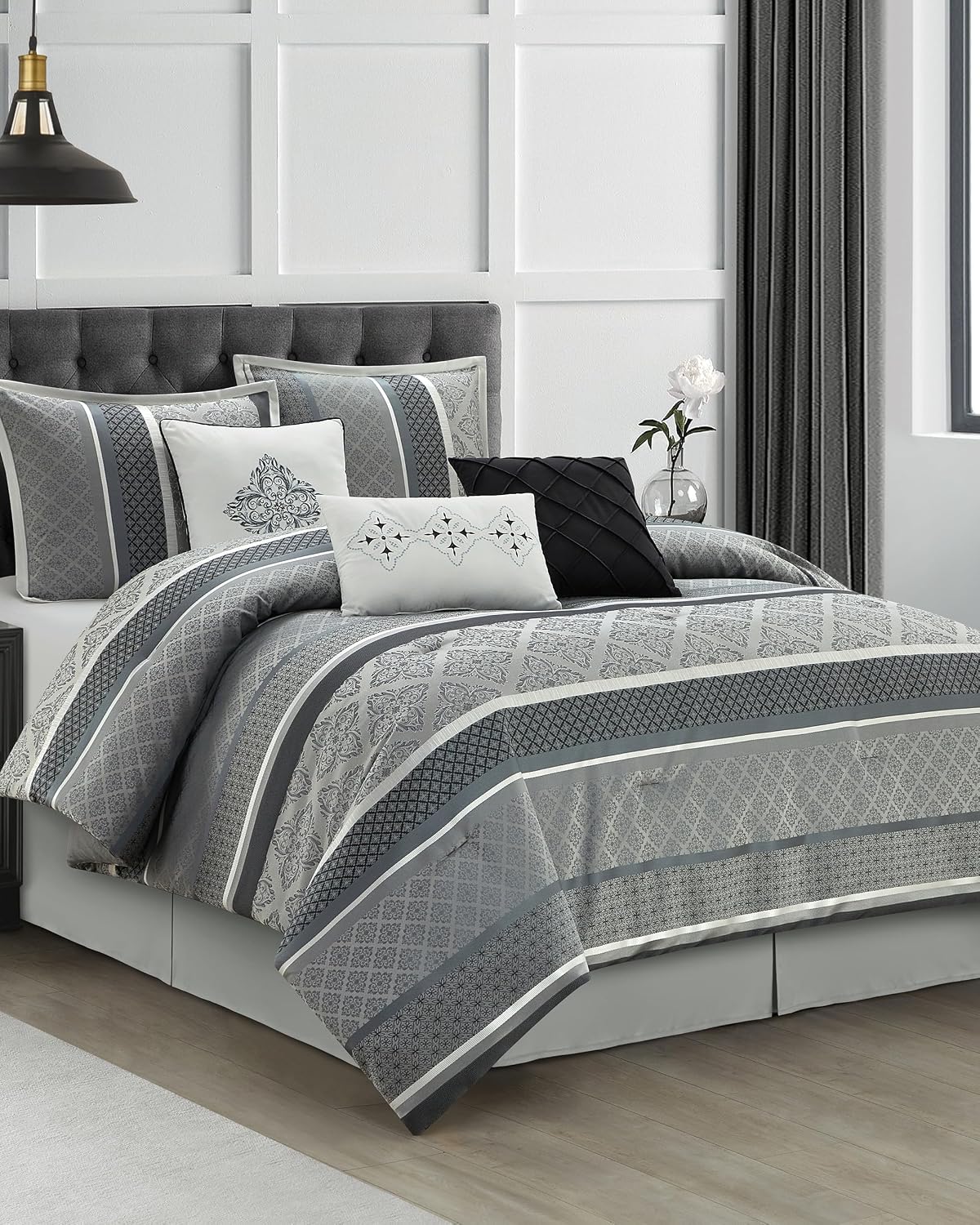 LANCO MODERN LIFESTYLE California King Comforter Set, Black Grey, Luxury Geometric Jacquard, All Seasons, 7 Pieces Bedding Set, Matching Shams, Bedskirt, Decorative Pillows