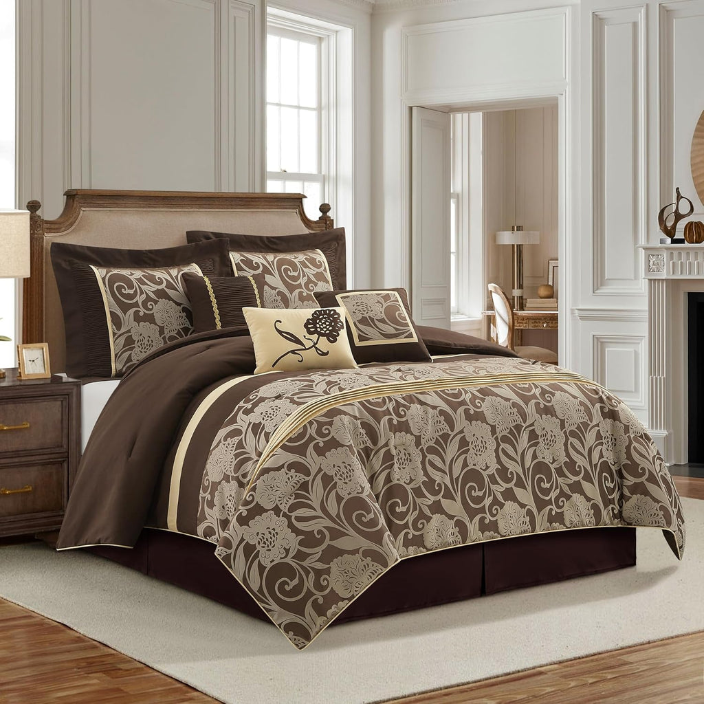 Grand Avenue Brown Gold Comforter Set King Size, 7 Piece Jacquard Floral Bedding Set, All Season, Ultra-Soft, Matching Pillows & Shams, Bed Skirt