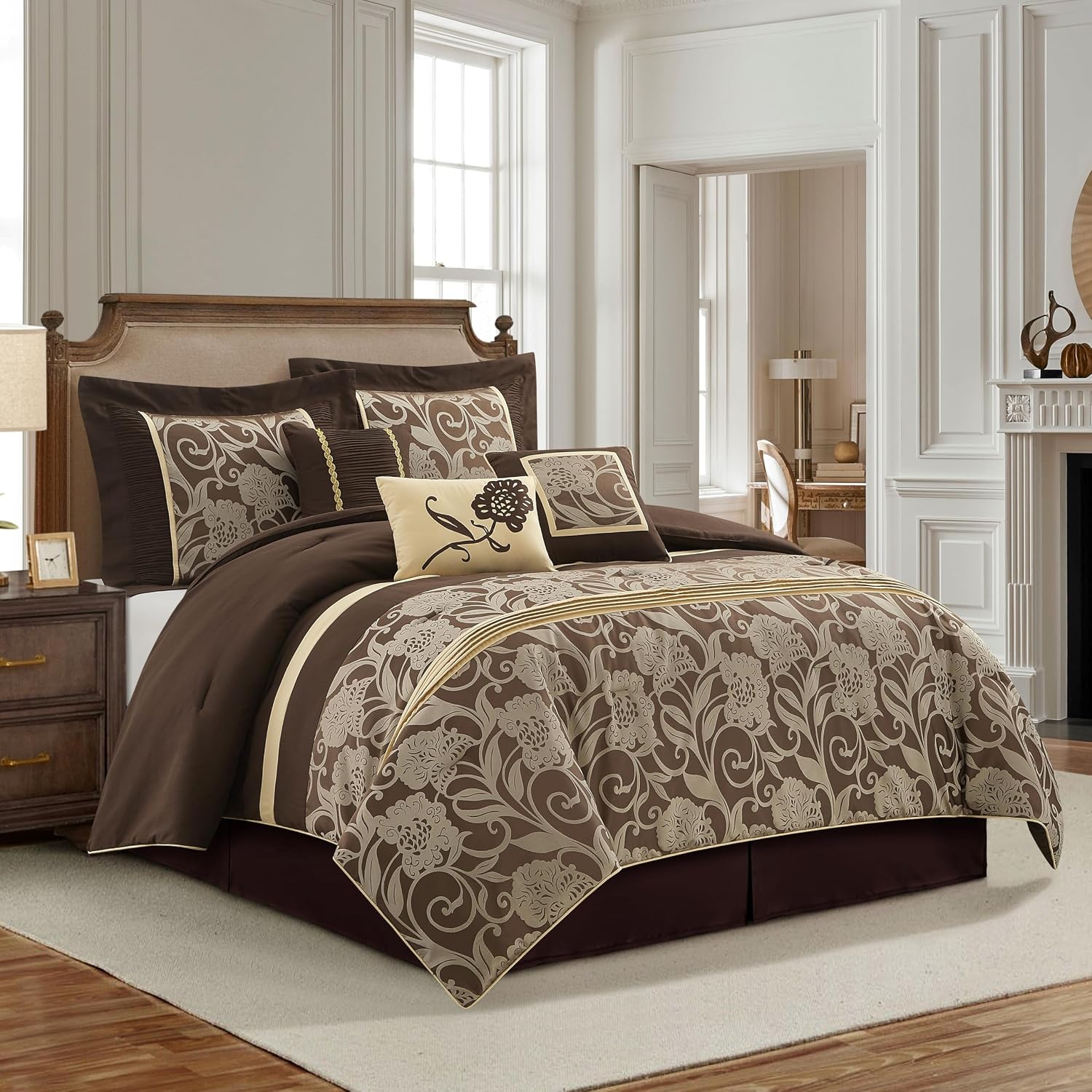 Grand Avenue Brown Gold Comforter Set King Size, 7 Piece Jacquard Floral Bedding Set, All Season, Ultra-Soft, Matching Pillows & Shams, Bed Skirt