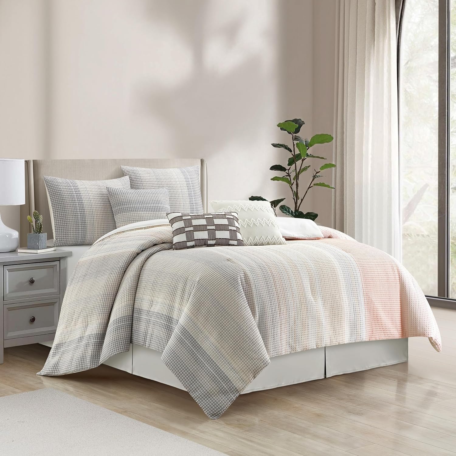 Grand Avenue Grey Waffle Jacquard Comforter Set Queen Size, 7 Piece Striped Bedding Set, All Season Home Decor, Matching Pillow Shams, Bedskirt, Decorative Pillows