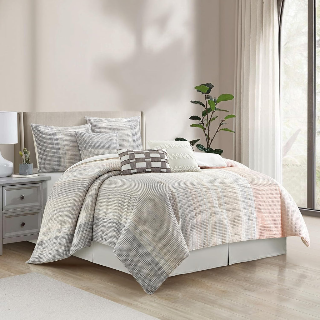 Grand Avenue Grey Waffle Jacquard Comforter Set California King Size, 7 Piece Striped Bedding Set, All Season Home Decor, Matching Pillow Shams, Bedskirt, Decorative Pillows