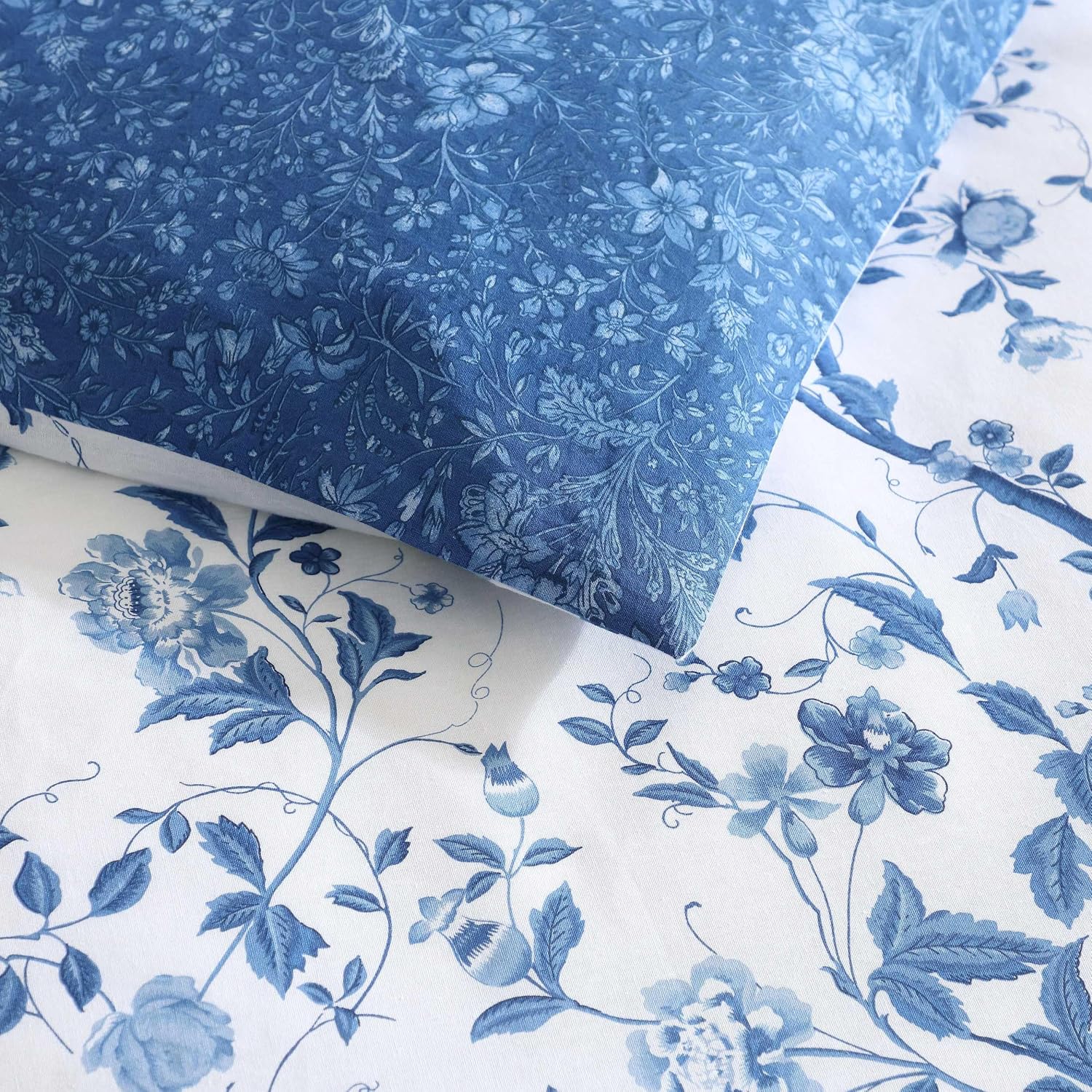Laura Ashley - King Comforter Set, Reversible Cotton Bedding, Includes Matching Shams with Bonus Euro Shams & Throw Pills (Elise Blue, King)
