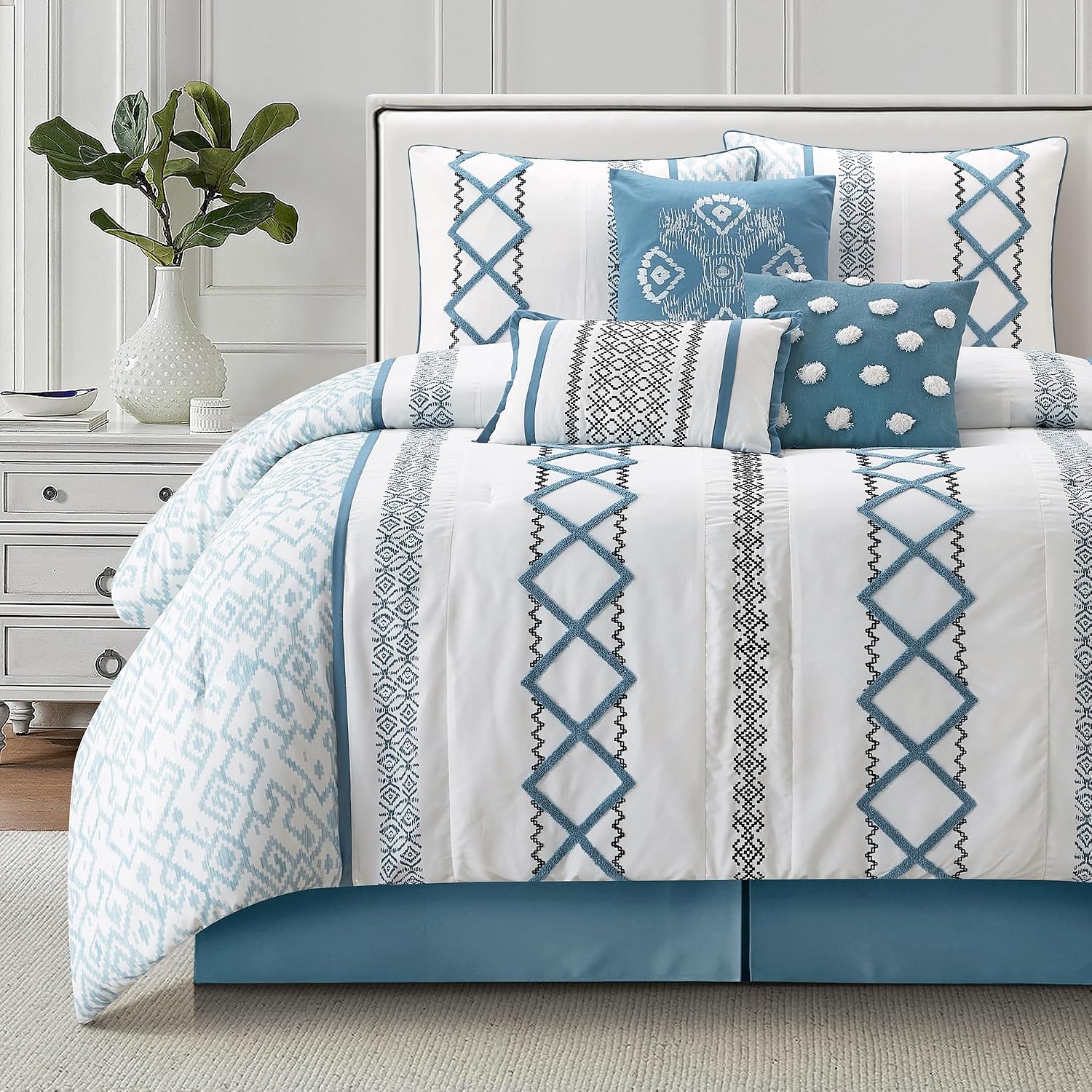 LANCO MODERN LIFESTYLE Blue California King Comforter Set, 7 Pieces All Season Bedding Sets in a Bag with Geometric Terry Embroidered Comforter, Bed Skirt, Pillow Shams and Decorative Pillows