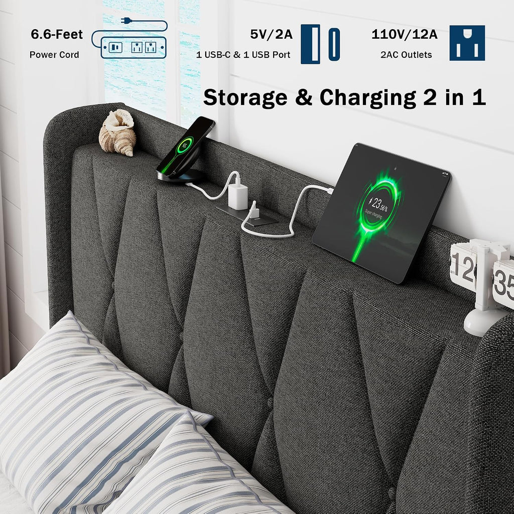 GalnFu Full Size Bed Frame with 4 Storage Drawers, Upholstered Platform Bed with Charging Station, Modern Wingback Storage Headboard, Easy Assembly,Noise-Free, Dark Gray