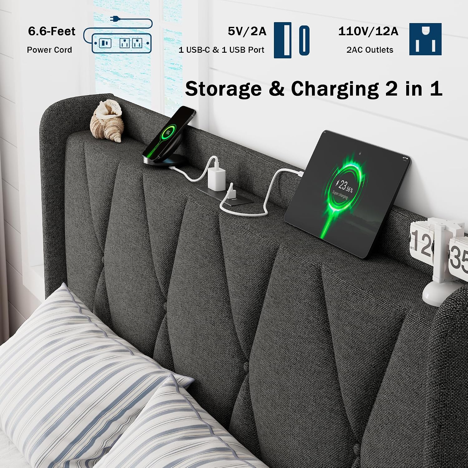 GalnFu Full Size Bed Frame with 4 Storage Drawers, Upholstered Platform Bed with Charging Station, Modern Wingback Storage Headboard, Easy Assembly,Noise-Free, Dark Gray