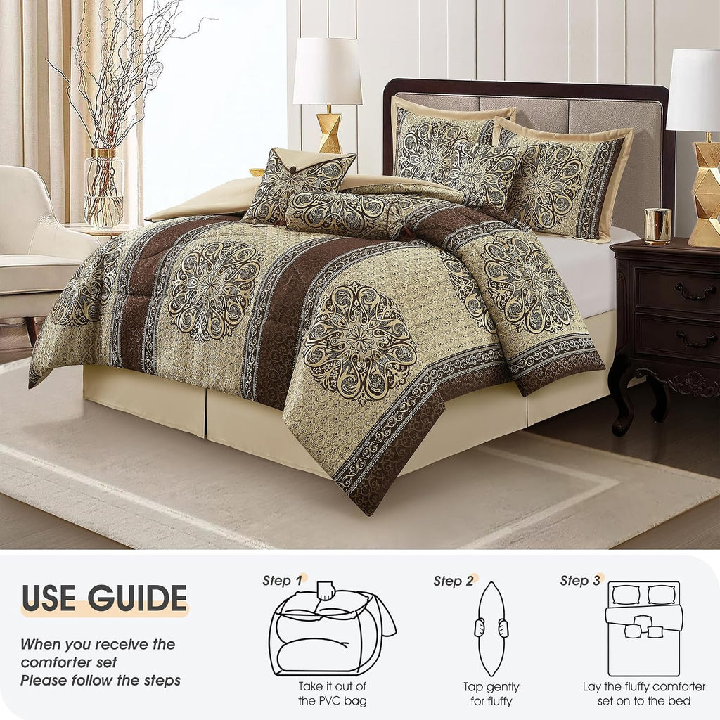LANCO MODERN LIFESTYLE California King Comforter Set, Brown Medallion Jacquard Design, Luxurious Bohemian 7 Pieces Bedding Set with Decorative Pillows and Bed Skirt