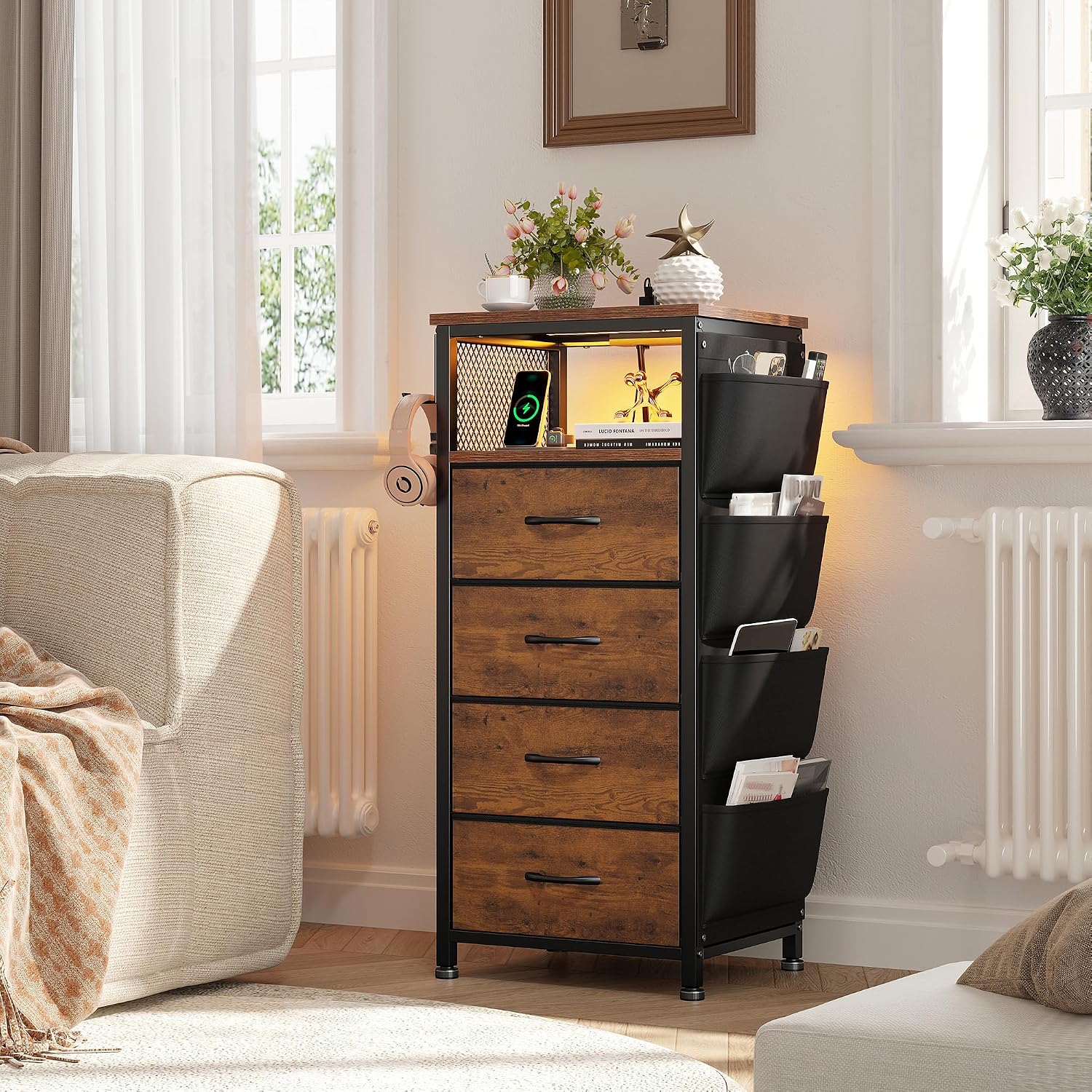 EnHomee Nightstand Set of 2, Night Stand with Charging Station & LED, Bedside Table with Fabric Drawers and Storage Shelf, Sturdy Steel Frame, Wood Top, Cloth Bags, Hooks, Brown