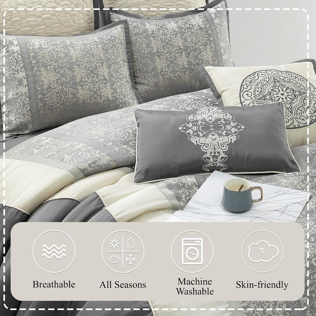 Stratford Park Silver/Ivory Damask Patchwork California King Comforter Set, 8 Piece, Jacquard All Season Premium Bedding Set, Bed Skirt, Pillows & Shams
