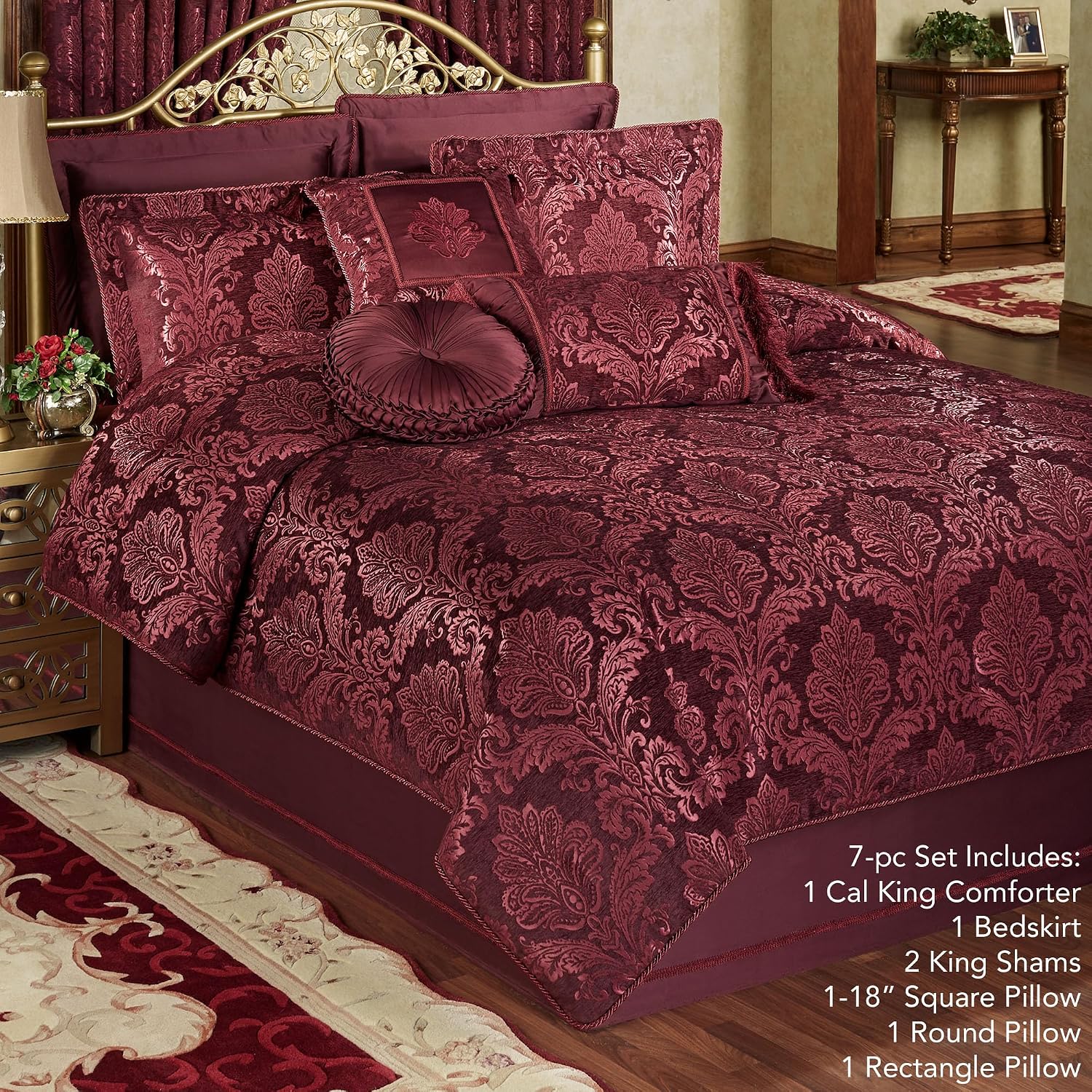 Camelot Luxury Bedding | Robust Burgundy | Matte Satin Damask on Richly Textured Jacquard-Woven Chenille | 7 Piece Set Includes Cal King Comforter, Bedskirt, 2 King Shams, and 3 Decorative Pillows