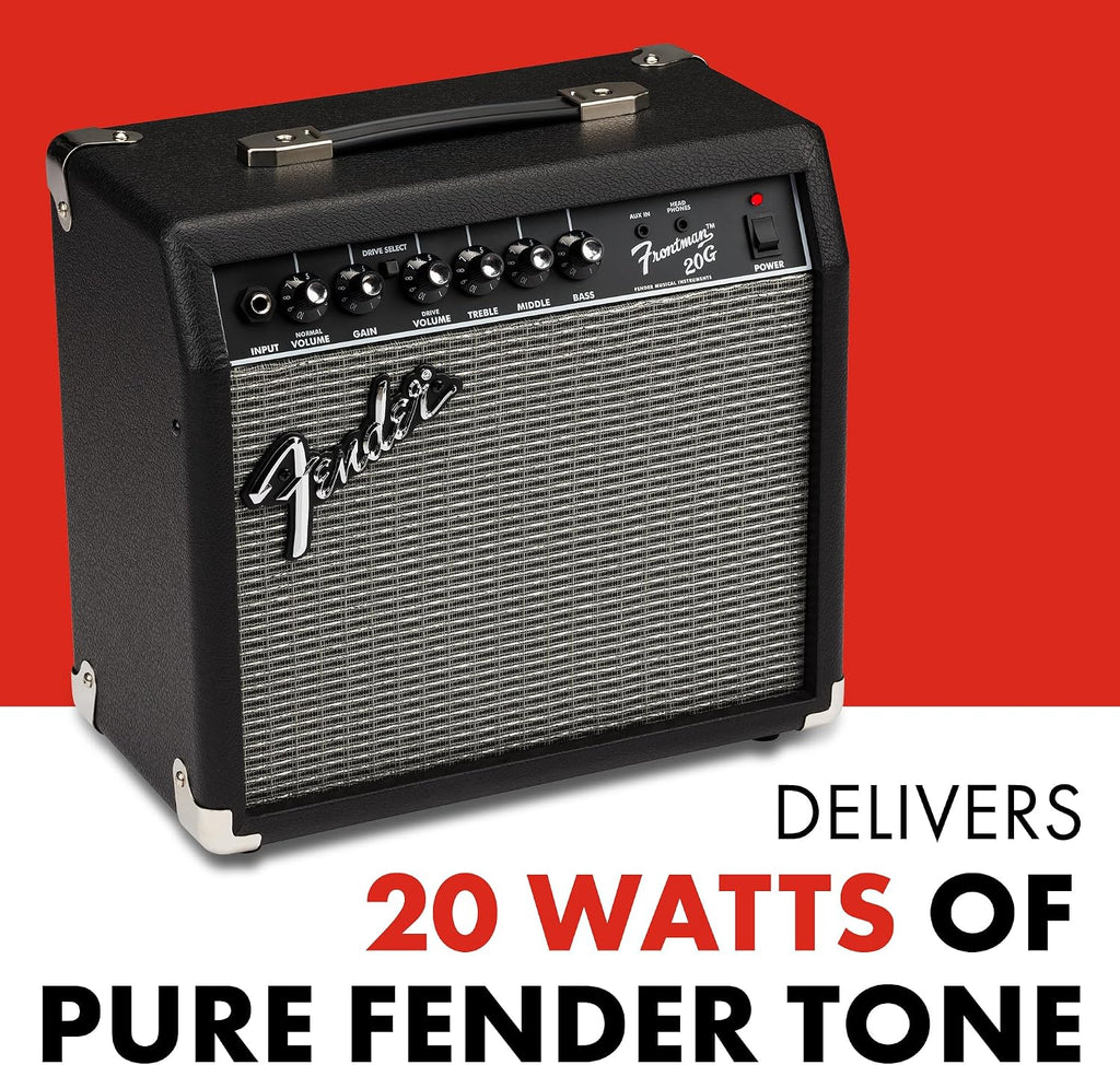Fender Frontman 20G Electric Guitar Amplifier, 20-Watt Practice Amp with 8' Speaker, Clean & Drive Channels, 3-Band EQ, Aux In & Headphone Jack, with 2-Year Warranty