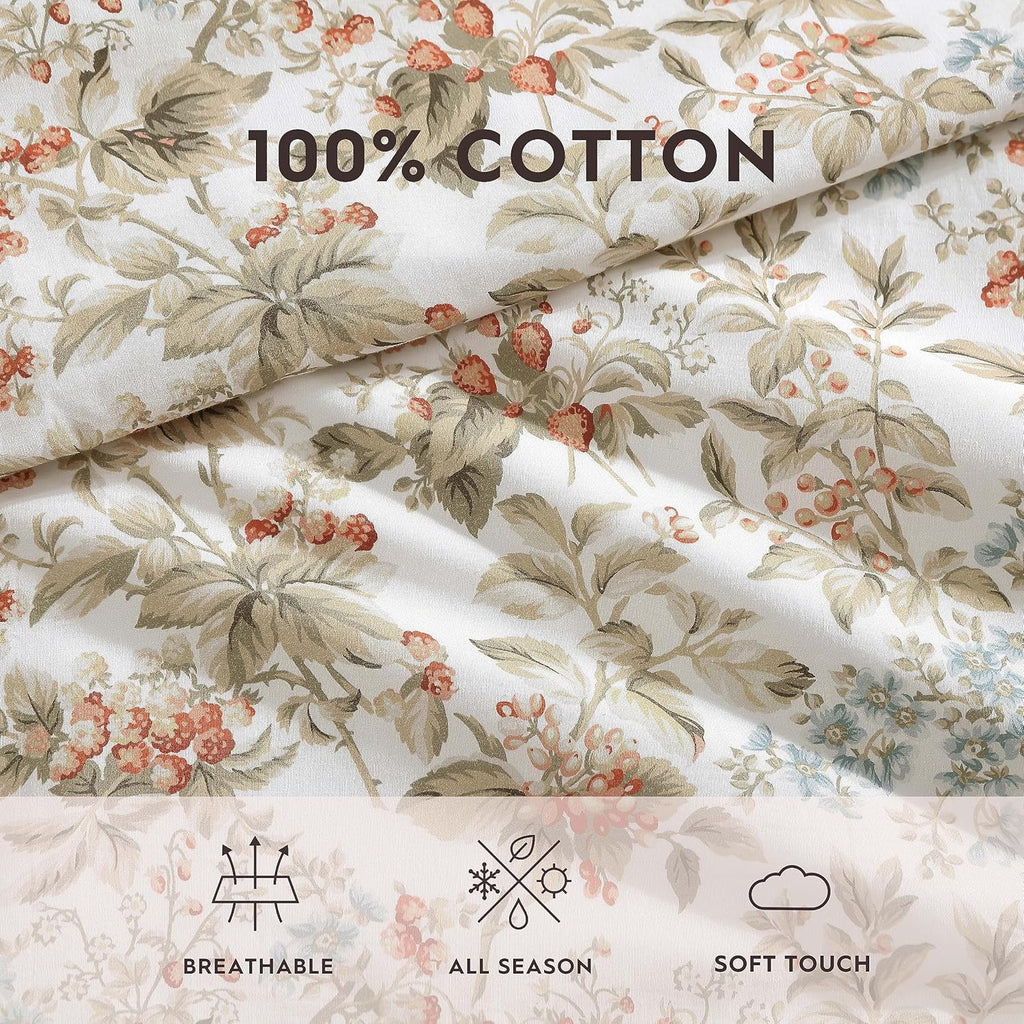 Laura Ashley - King Comforter Set, Reversible Cotton Bedding with Matching Shams, Floral Home Decor with Plaid Reverse (Bramble Floral Beige, King)