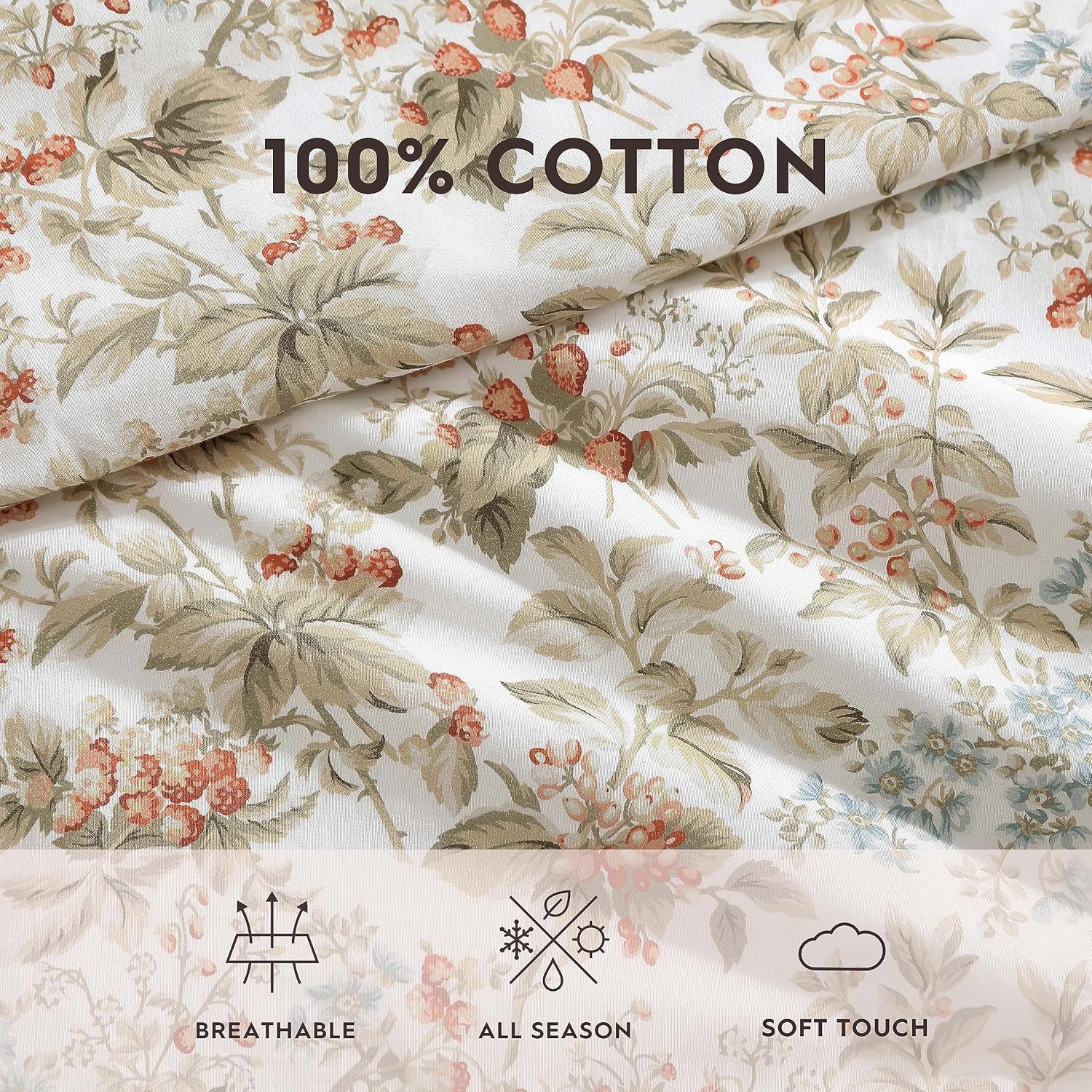 Laura Ashley - King Comforter Set, Reversible Cotton Bedding with Matching Shams, Floral Home Decor with Plaid Reverse (Bramble Floral Beige, King)