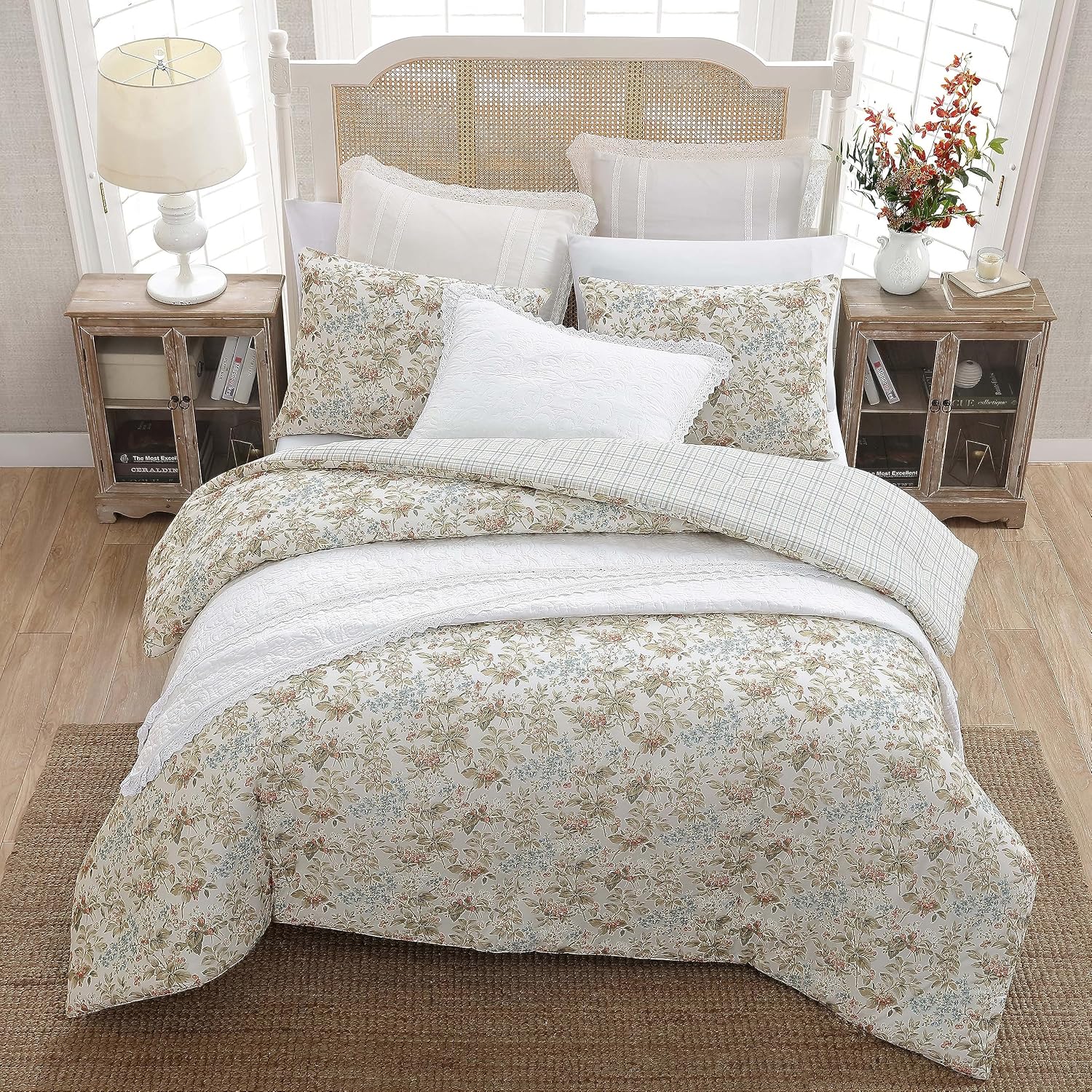 Laura Ashley - King Comforter Set, Reversible Cotton Bedding with Matching Shams, Floral Home Decor with Plaid Reverse (Bramble Floral Beige, King)
