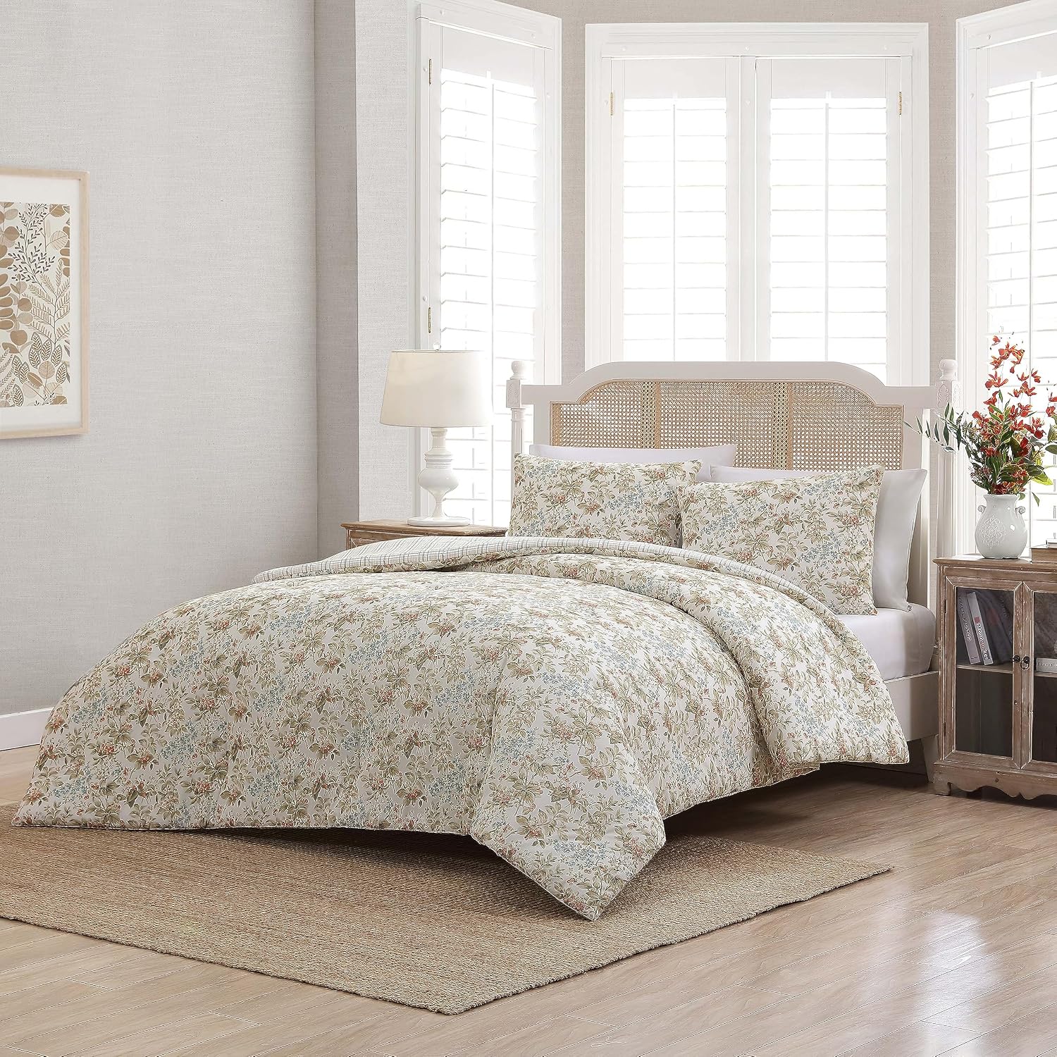 Laura Ashley - King Comforter Set, Reversible Cotton Bedding with Matching Shams, Floral Home Decor with Plaid Reverse (Bramble Floral Beige, King)