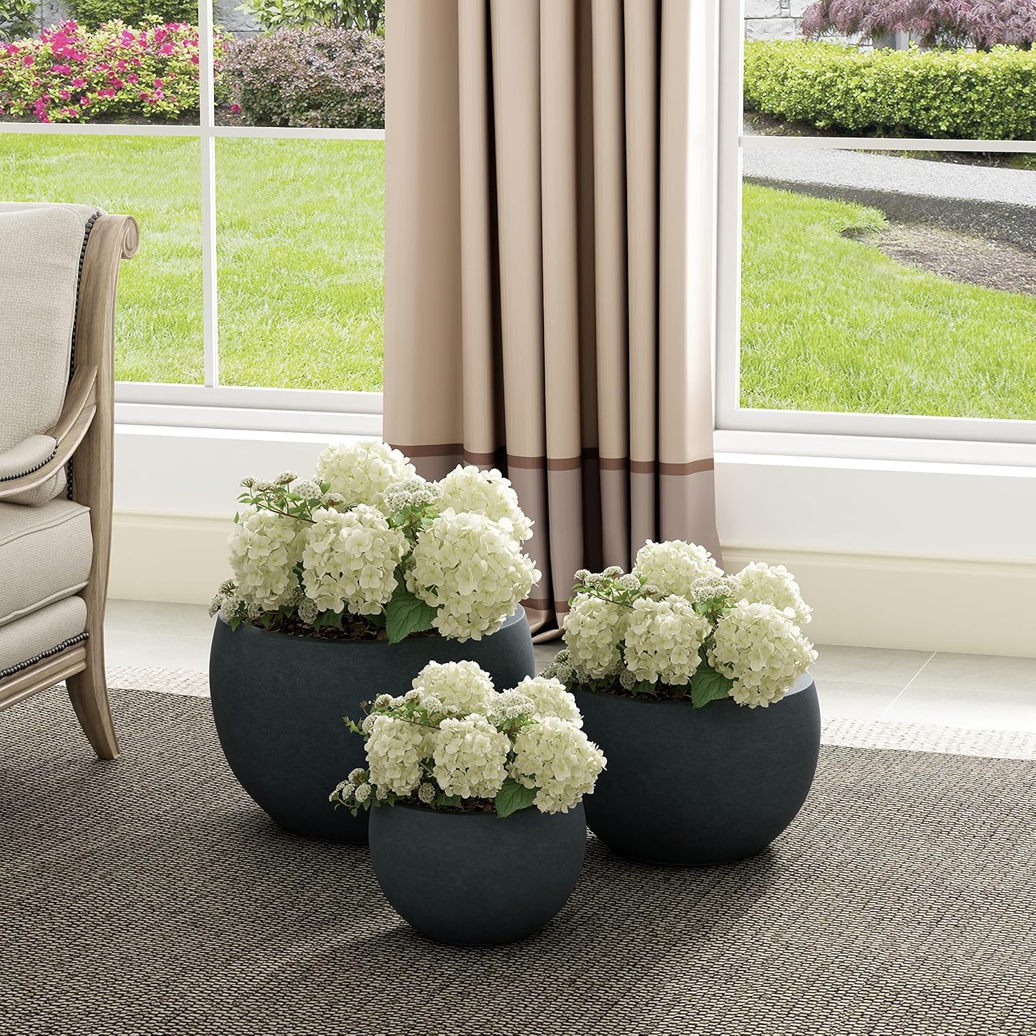 Kante 19.9',15.7',11.8' Dia Round Concrete Planter Set of 3, Outdoor/Indoor Large Bowl Plant Pots with Drainage Hole and Rubber Plug for Garden Patio Balcony Home, Dark Gray