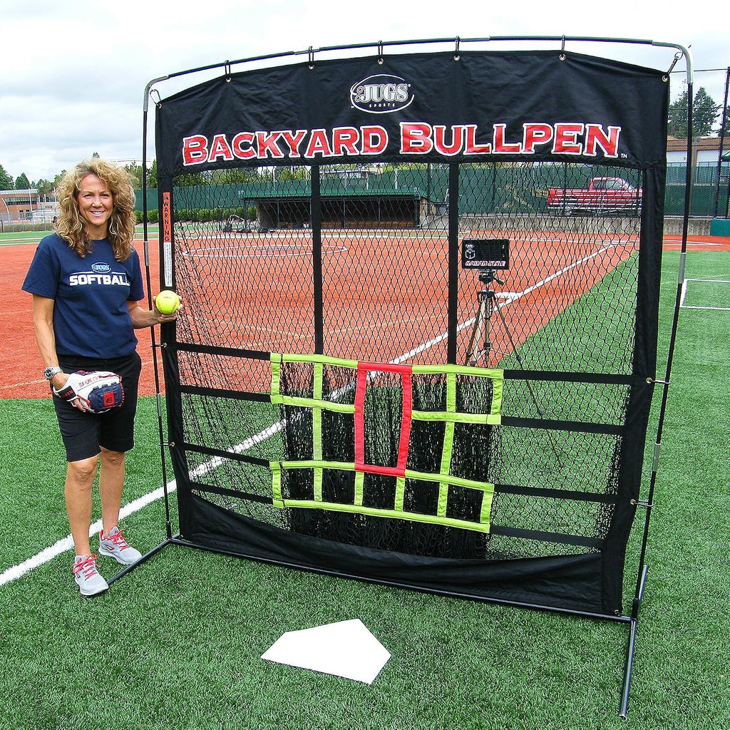 Jugs Backyard Bullpen Package for Softball—Baseball Screen, Radar Cube, Carrying Bag, 15 Perfect Pitch Leather Softballs and a Throw-Down Home Plate