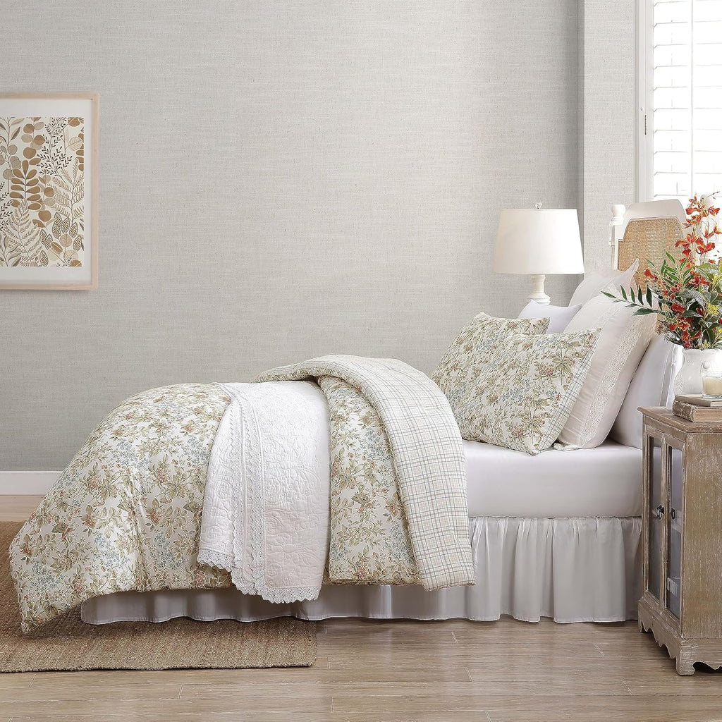 Laura Ashley - King Comforter Set, Reversible Cotton Bedding with Matching Shams, Floral Home Decor with Plaid Reverse (Bramble Floral Beige, King)