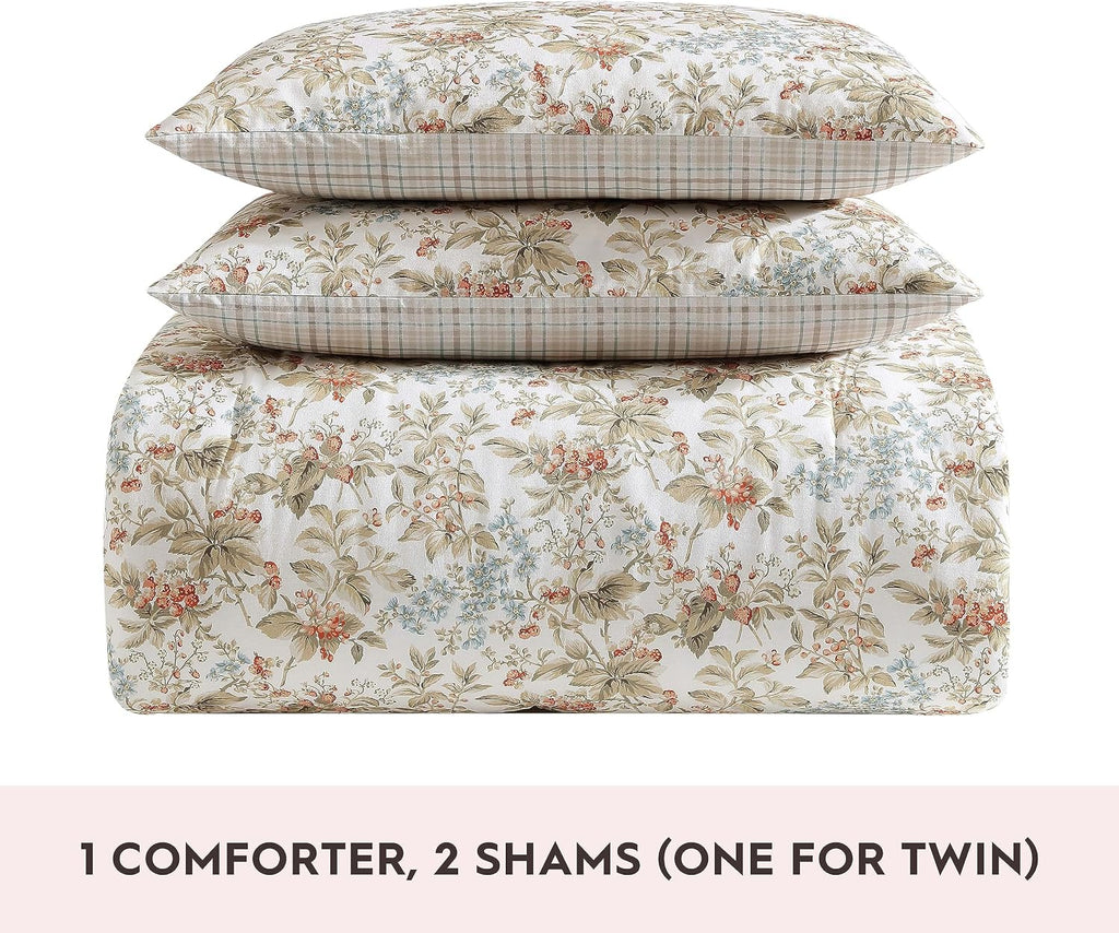 Laura Ashley - King Comforter Set, Reversible Cotton Bedding with Matching Shams, Floral Home Decor with Plaid Reverse (Bramble Floral Beige, King)