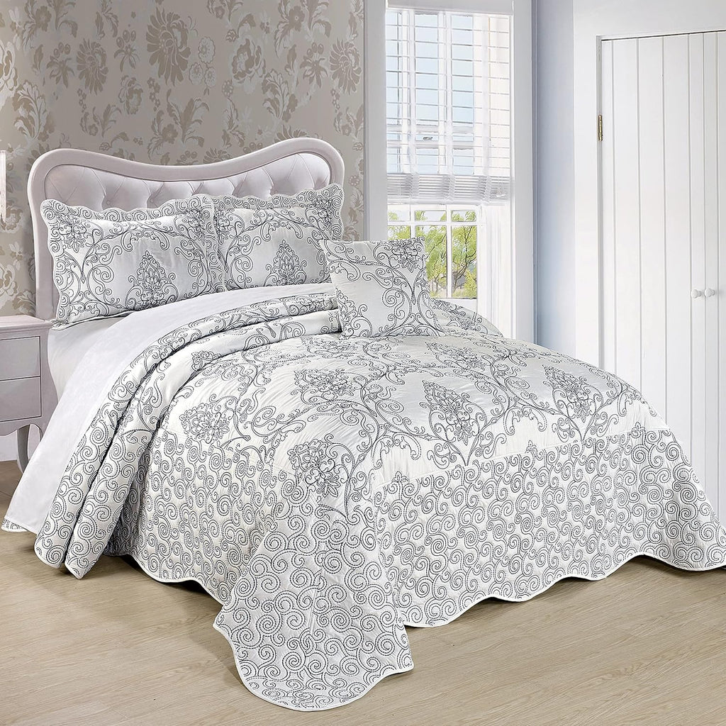 Home Soft Things Damask 4 Piece Bedspread Set, Scalloped Edge Reversible Quilt Coverlet Comforter Prewashed Bedding Set, Matelasse Embossed Floral Solid Pattern,White Oversize King(120' x 120')