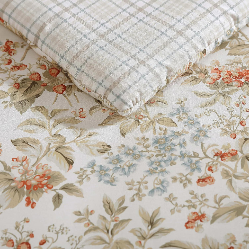 Laura Ashley - King Comforter Set, Reversible Cotton Bedding with Matching Shams, Floral Home Decor with Plaid Reverse (Bramble Floral Beige, King)
