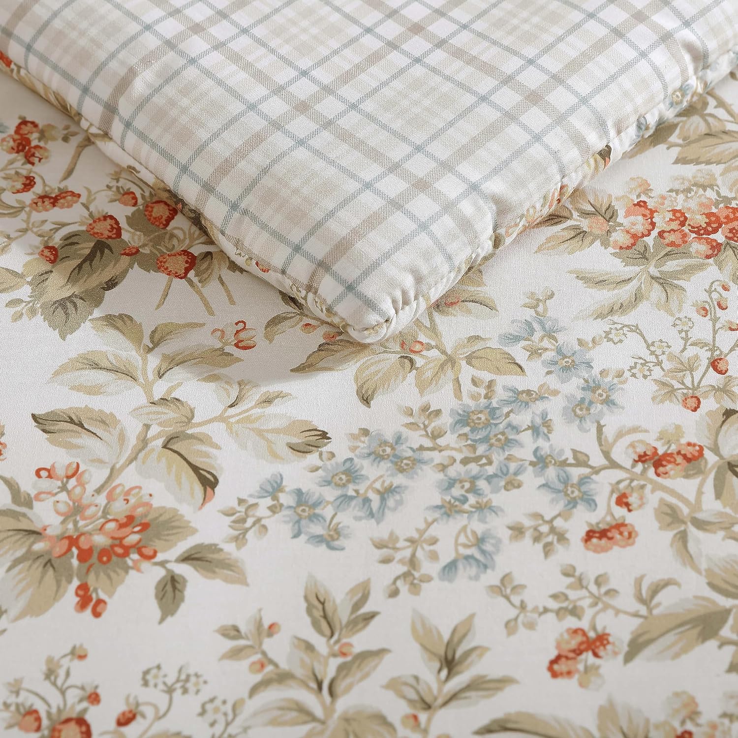 Laura Ashley - King Comforter Set, Reversible Cotton Bedding with Matching Shams, Floral Home Decor with Plaid Reverse (Bramble Floral Beige, King)