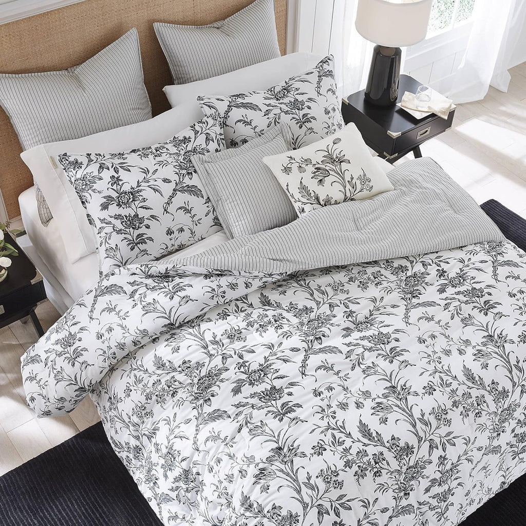 Laura Ashley - King Comforter Set, Reversible Cotton Bedding, Includes Matching Shams with Bonus Euro Shams & Throw Pillows (Amberley Black/White, King)