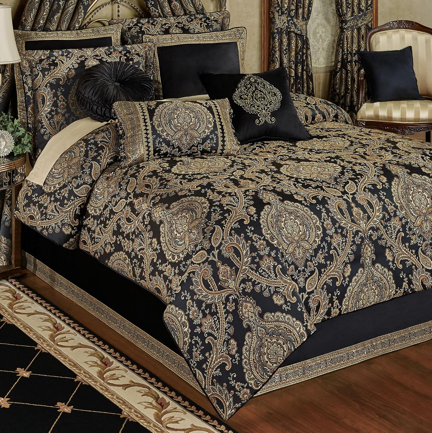 Bellevue Traditional Luxury Bedding | Elegant Tapestry-Style Medallions | Neutral Black & Metallic Gold | 7 Pc Bed Set: Oversized Queen Comforter, Bedskirt, 2 Standard Shams, and 3 Decorative Pillows