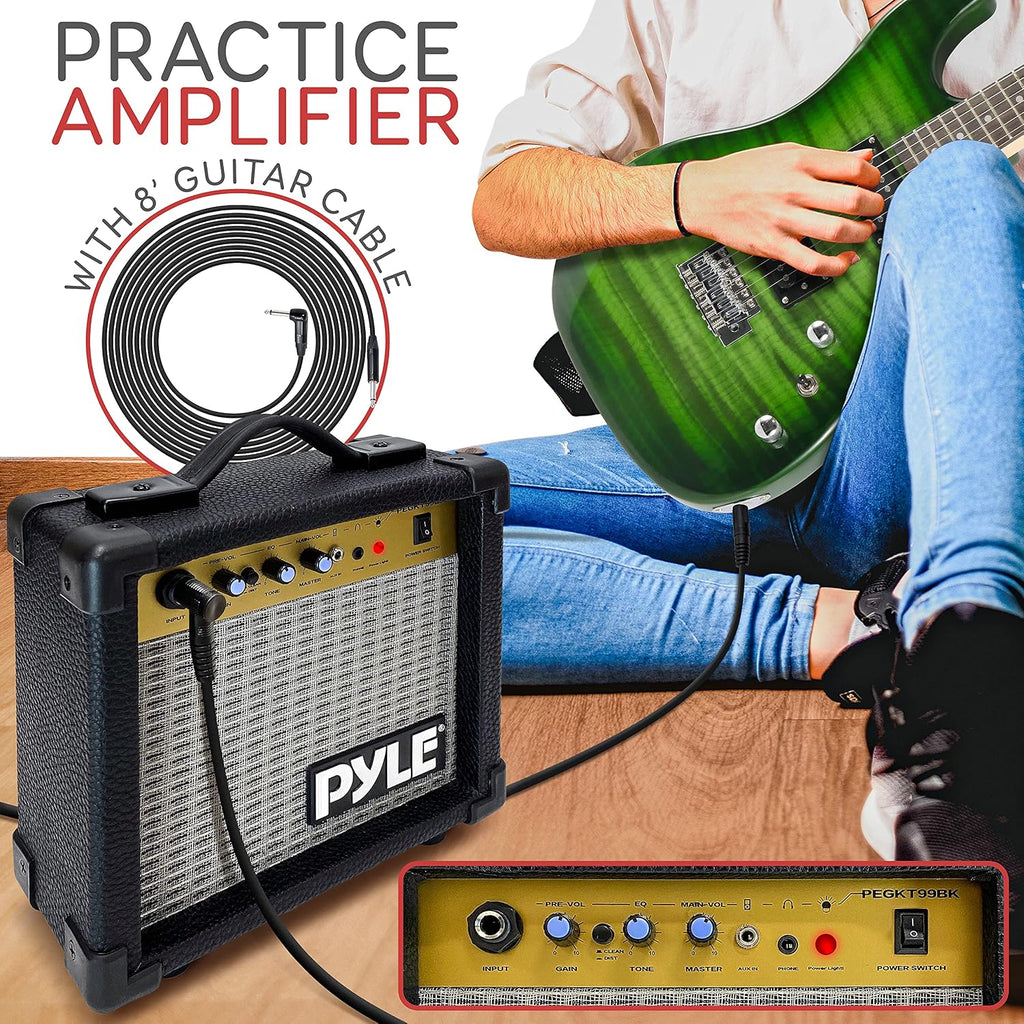 Pyle Electric Guitar Kit with Amp, Full Size Instrument with Humbucker Pickups, Guitarra Electrica Amplifier and Beginner Bundle Accessories, 39' Legacy Green