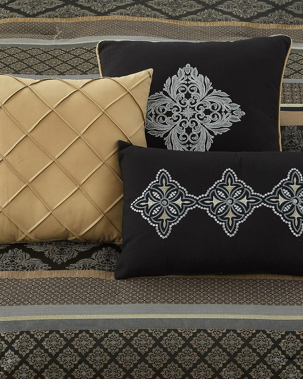 LANCO MODERN LIFESTYLE California King Comforter Set, Black Gold, Luxury Geometric Jacquard, All Seasons, 7 Pieces Bedding Set, Matching Shams, Bedskirt, Decorative Pillows