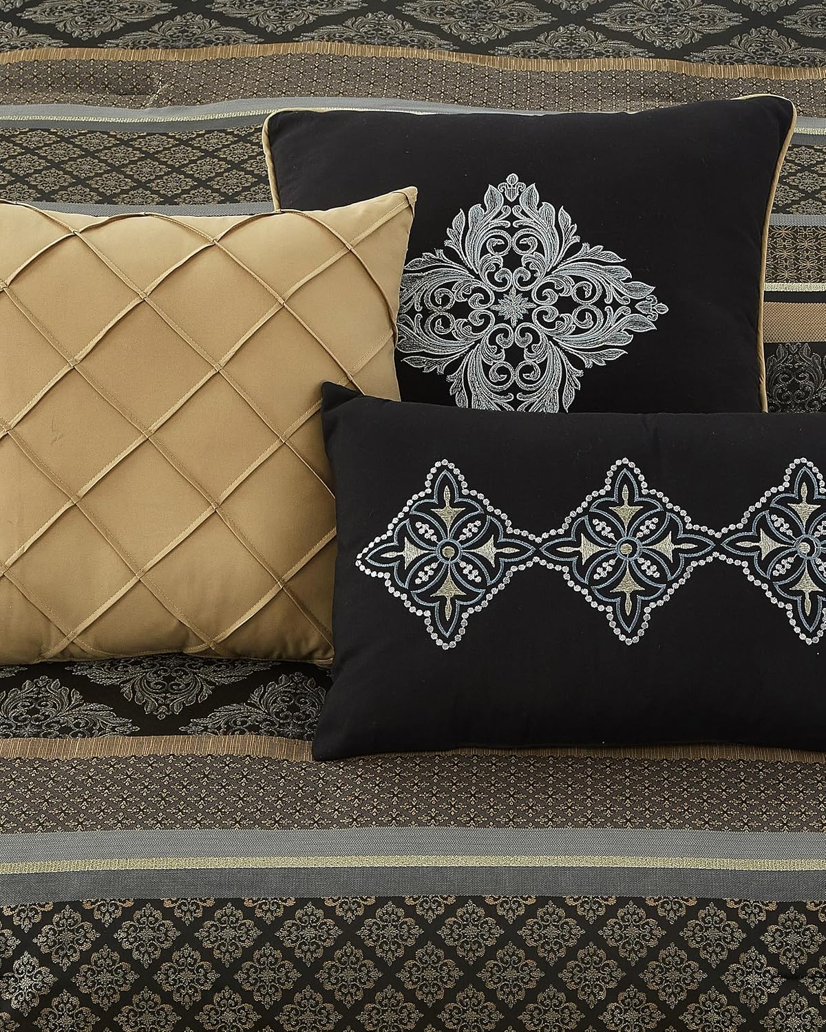 LANCO MODERN LIFESTYLE California King Comforter Set, Black Gold, Luxury Geometric Jacquard, All Seasons, 7 Pieces Bedding Set, Matching Shams, Bedskirt, Decorative Pillows