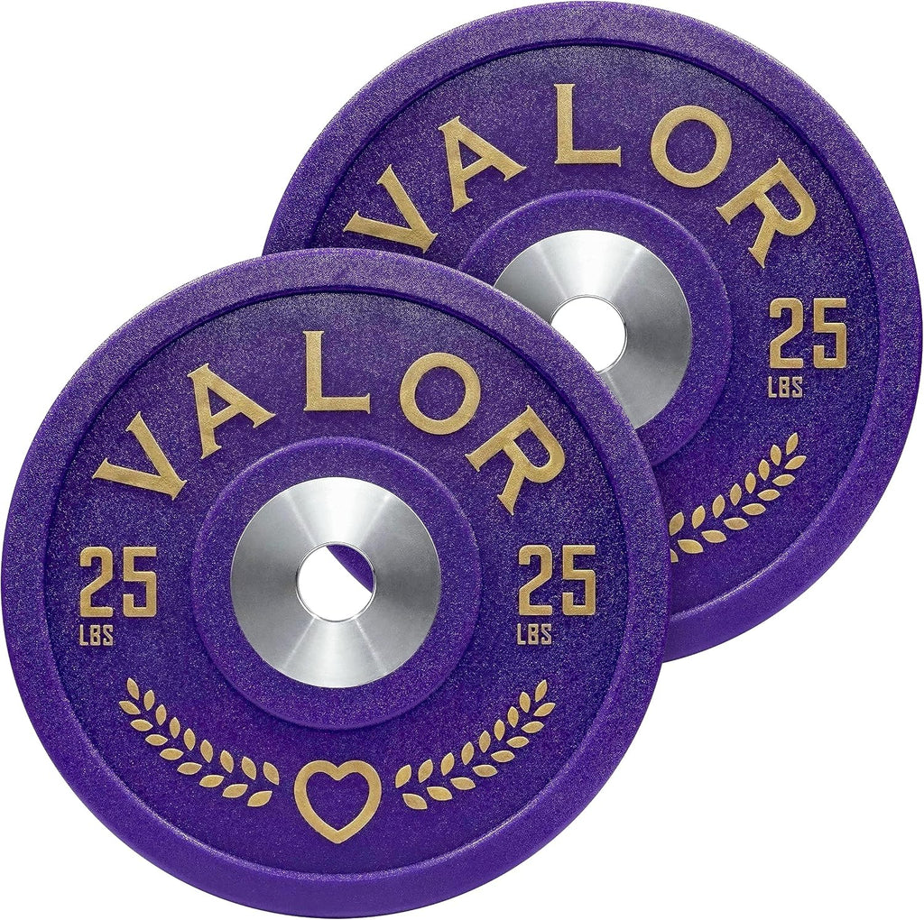 Valor Fitness Polyurethane Olympic Bumper Plates - 25lbs ea. -Set of 2 - Purple Heart Edition Weight Plate - 2 in Center Steel Ring - Military Home Gym Workout Equipment -BPPH-25