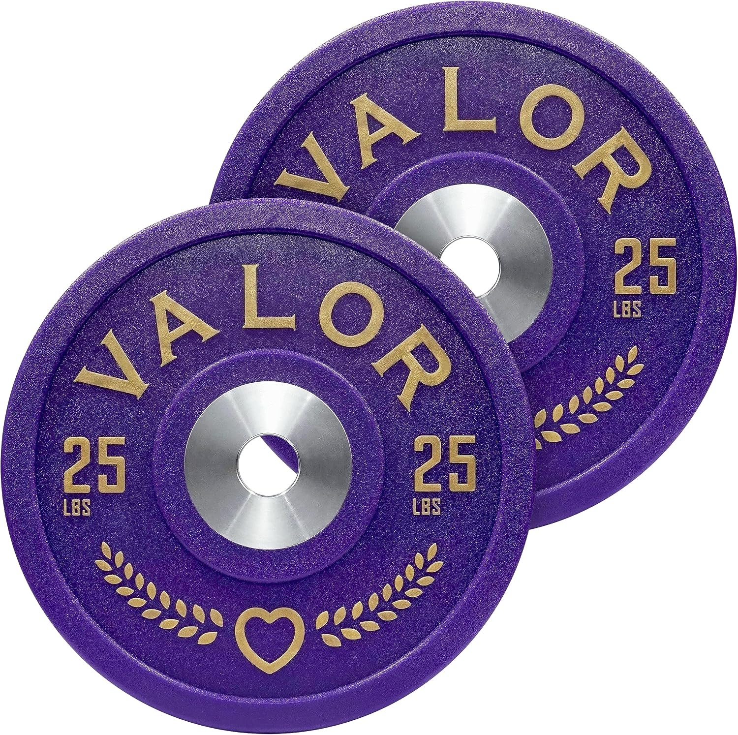 Valor Fitness Polyurethane Olympic Bumper Plates - 25lbs ea. -Set of 2 - Purple Heart Edition Weight Plate - 2 in Center Steel Ring - Military Home Gym Workout Equipment -BPPH-25