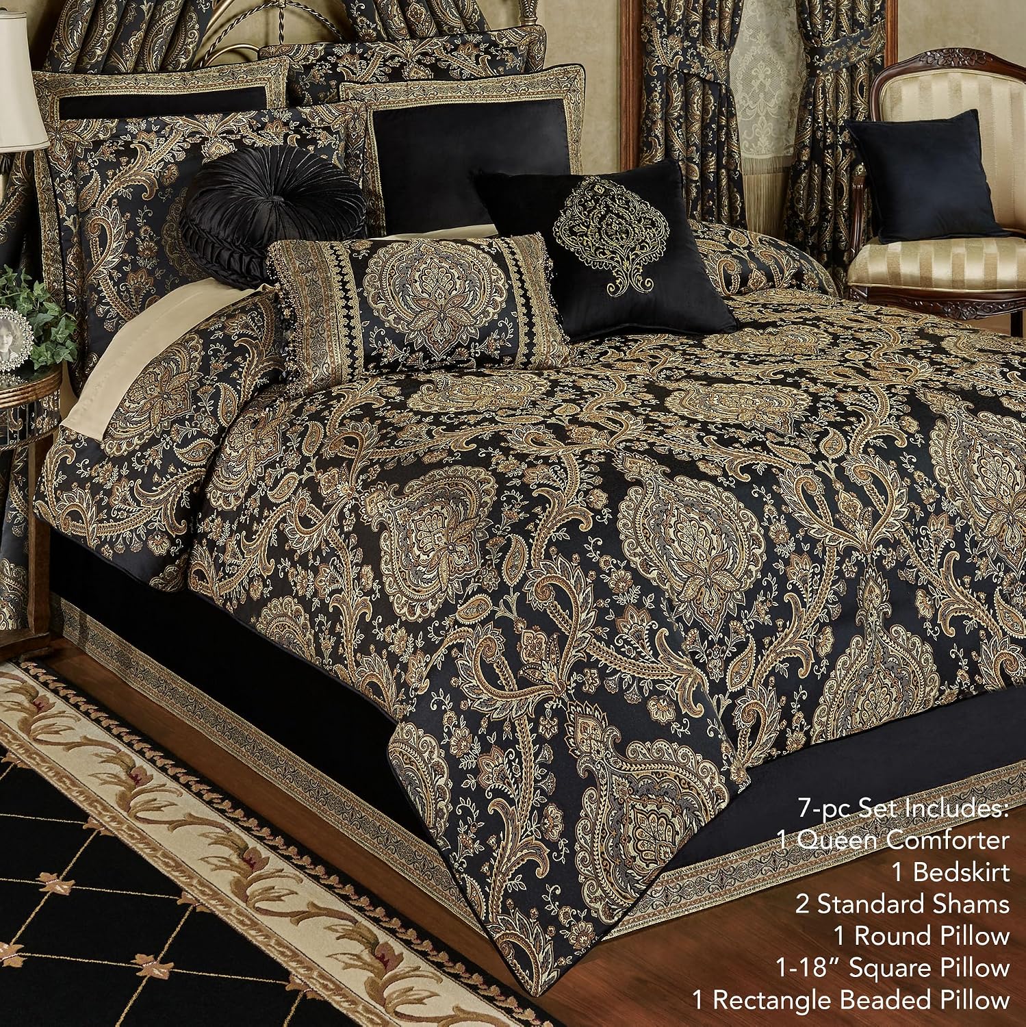 Bellevue Traditional Luxury Bedding | Elegant Tapestry-Style Medallions | Neutral Black & Metallic Gold | 7 Pc Bed Set: Oversized Queen Comforter, Bedskirt, 2 Standard Shams, and 3 Decorative Pillows