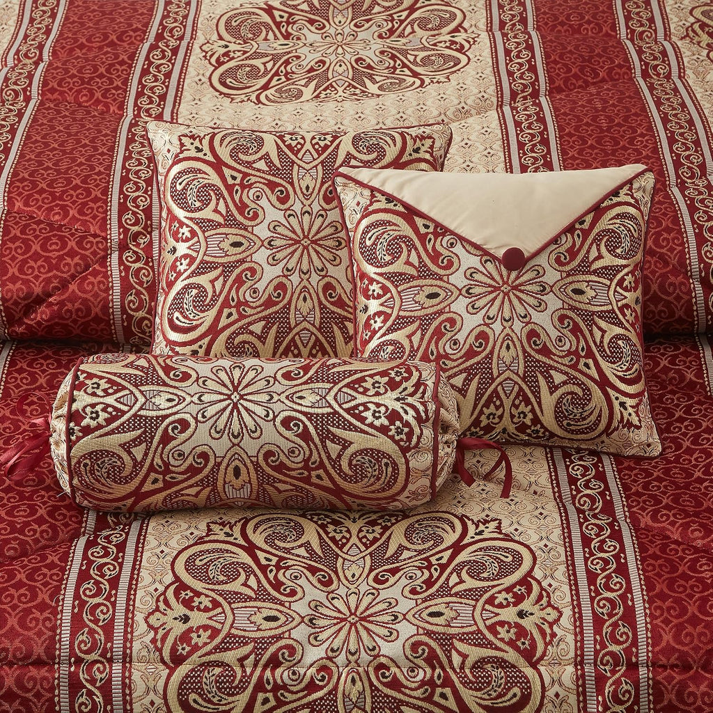 LANCO MODERN LIFESTYLE Queen Comforter Set, Wine Gold Medallion Jacquard Design, Luxurious Bohemian 7 Pieces Bedding Set with Decorative Pillows and Bed Skirt