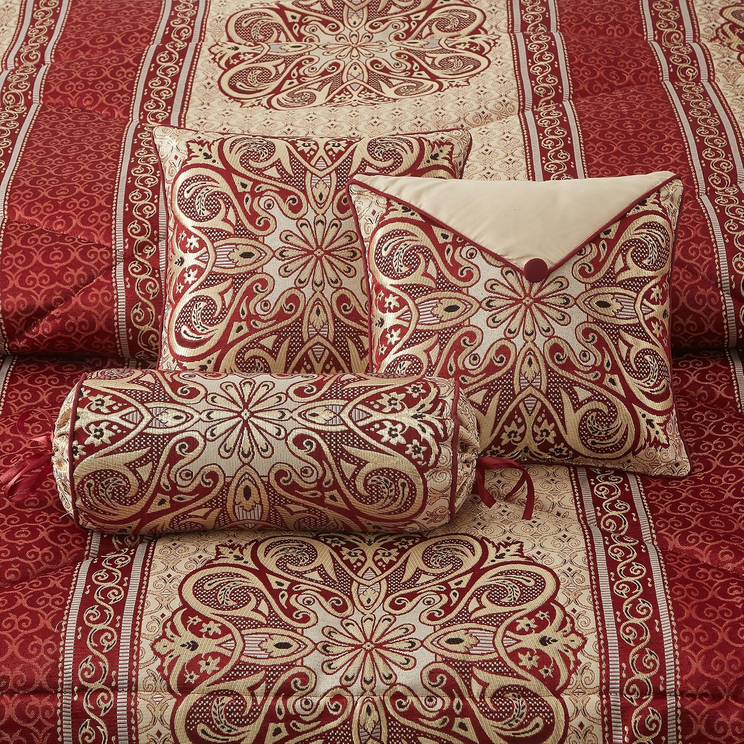 LANCO MODERN LIFESTYLE King Size Comforter Set, Wine Gold Medallion Jacquard Design, Luxurious Bohemian 7 Pieces Bedding Set with Decorative Pillows and Bed Skirt