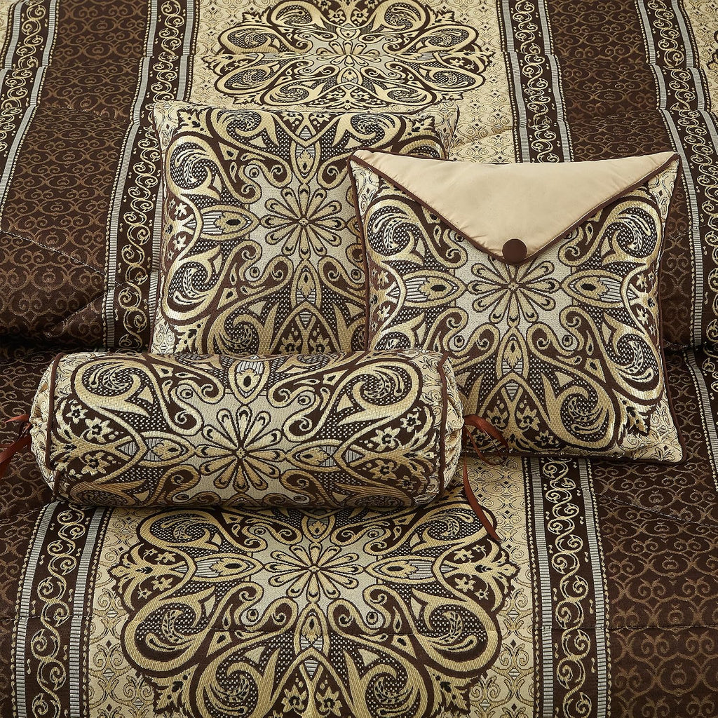 LANCO MODERN LIFESTYLE California King Comforter Set, Brown Medallion Jacquard Design, Luxurious Bohemian 7 Pieces Bedding Set with Decorative Pillows and Bed Skirt