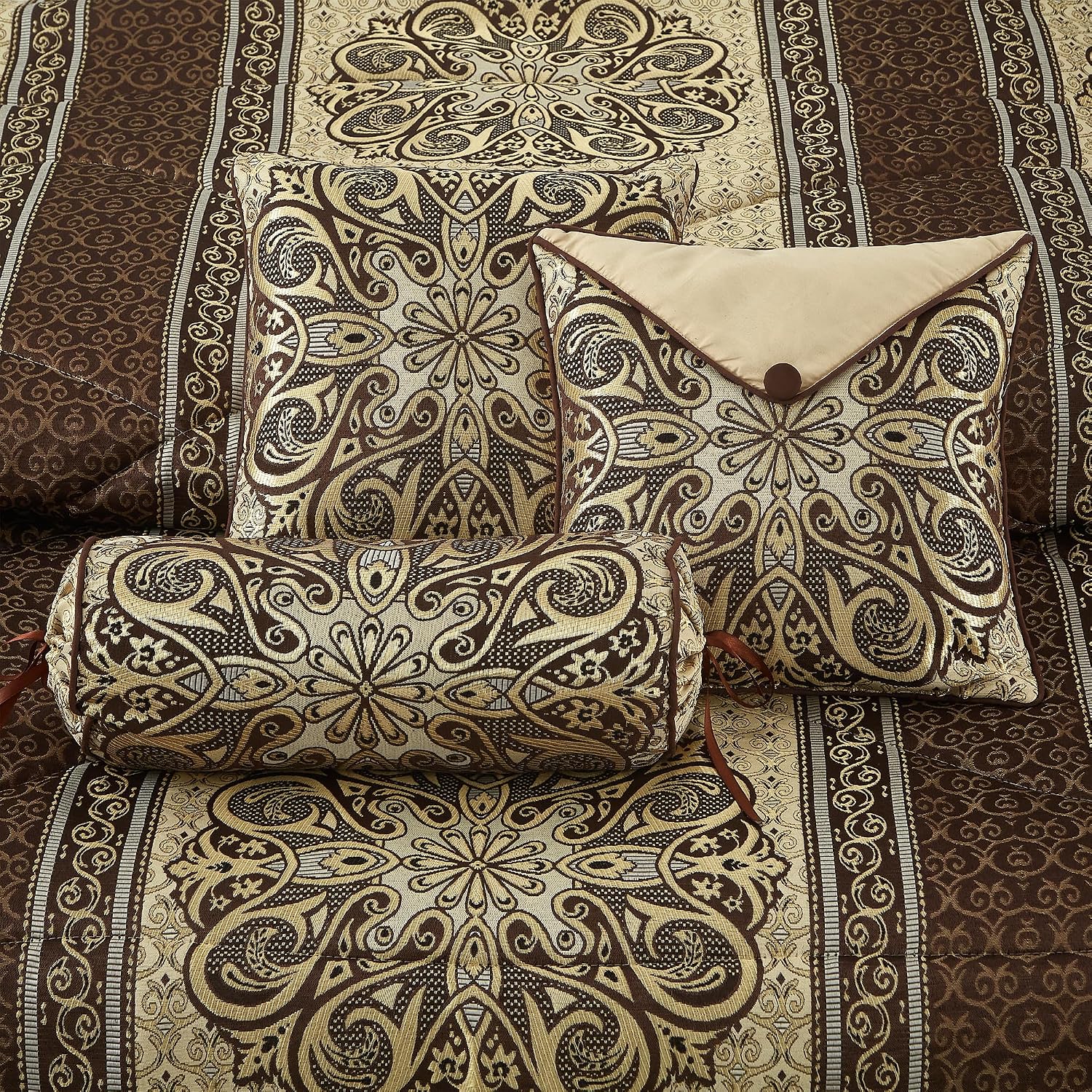 LANCO MODERN LIFESTYLE California King Comforter Set, Brown Medallion Jacquard Design, Luxurious Bohemian 7 Pieces Bedding Set with Decorative Pillows and Bed Skirt
